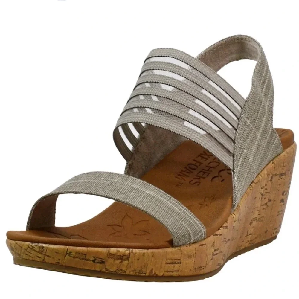 Skechers Rumblers Beverley Taupe Strappy Cork Wedge Sandals Women's Size 9.5